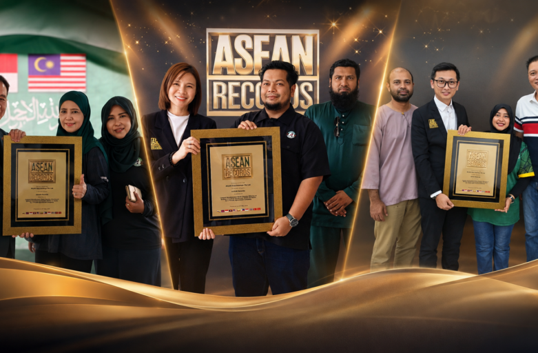 Group of people posing with framed certificates at an ASEAN Records awards backdrop; several flags visible on the left and a large 'ASEAN RECORDS' sign in the center.